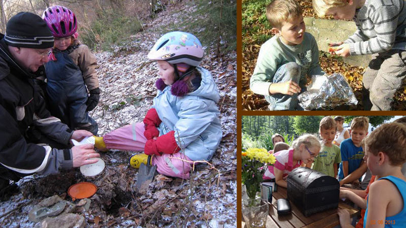 Eltern und Kinder bei der Schatzsuche in der Eifel